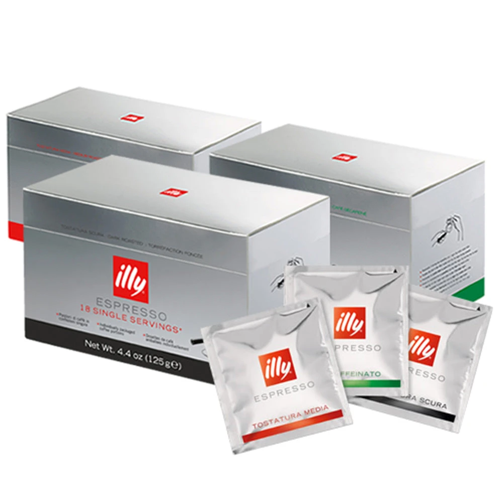 Illy E.S.E. Pods 3 Pack Featuring Classico Coffee - Medium Roast, Intenso Coffee - Dark Roast And Decaffeinated Classico Coffee 1 Illy E.S.E. Pods 3 Pack Featuring Classico Coffee - Medium Roast, Intenso Coffee - Dark Roast And Decaffeinated Classico Coffee