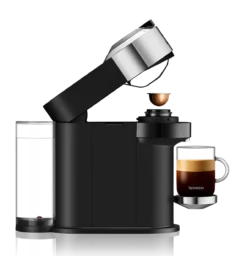 Nespresso Vertuo Next Deluxe Espresso Machine By DeLonghi With Aeroccino - Chrome -Coffee Promotion Shop ENV120CAE Vertuo Next D Pure Chrome Delonghi Side Open Head