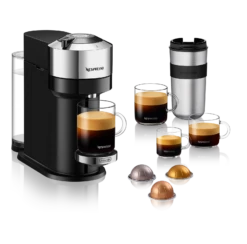 Nespresso Vertuo Next Deluxe Espresso Machine By DeLonghi - Chrome -Coffee Promotion Shop ENV120C Vertuo Next D Pure Chrome Delonghi 3Quarter Travel Mug